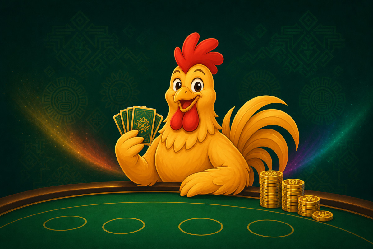 Gallo dorado de JuegaGallo con cartas y fichas de casino